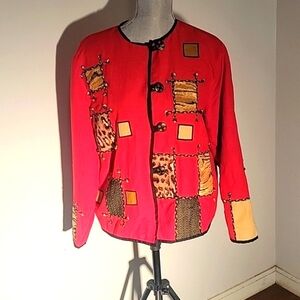 ALLURE Womens M Red Primitive Art Faux Animal Skin Patches Button-up Jacket